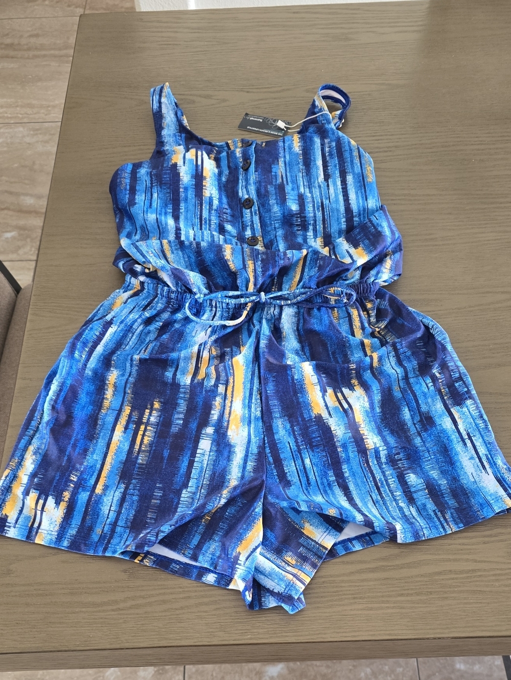Blue Printed Romper Swim with Drawstring Waist Nwt